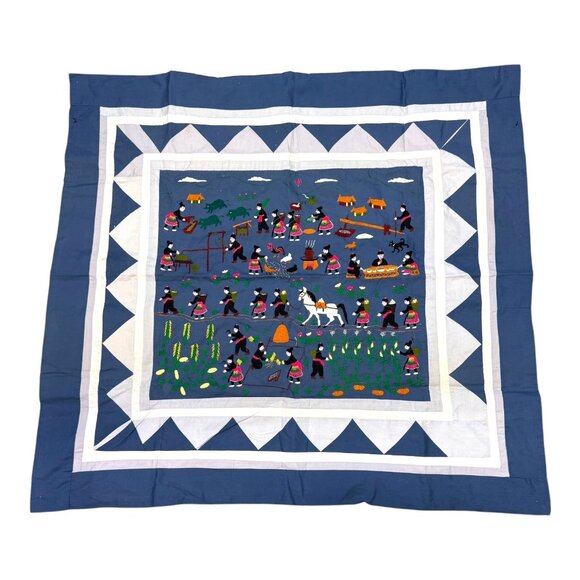 39"x 35" Hand Embroidered Quilt Hmong Story Cloth Village Farm Life Wall Hanging - Picture 1 of 5